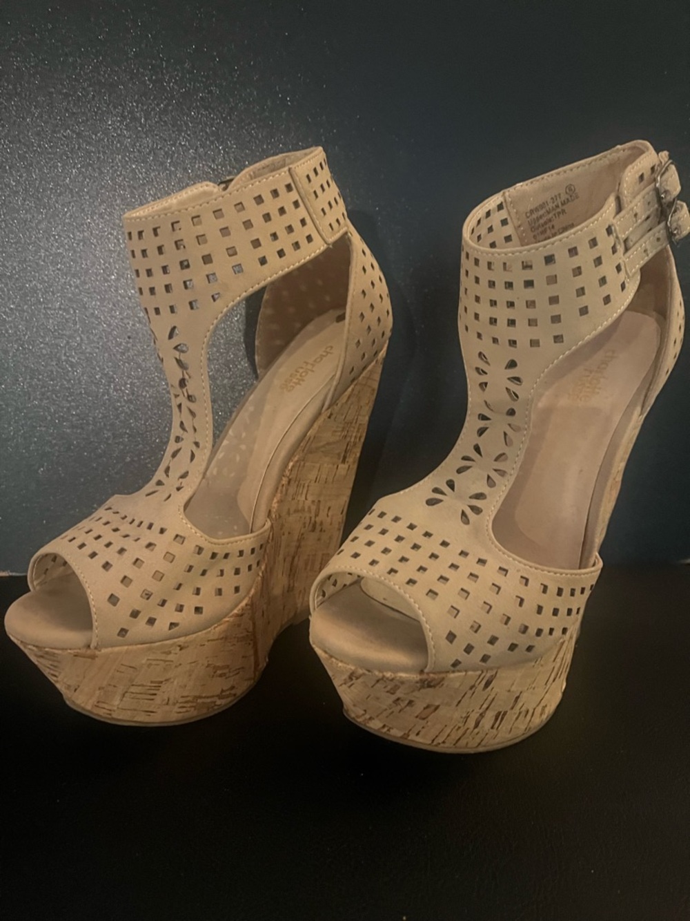 Charlotte Russe Beige Laser-Cut Cork Wedge Sandals